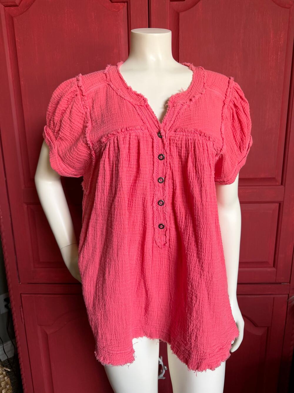 We The Free/Free People Pink Gauze Babydoll Top XS Raw Edge Puff Sleeve